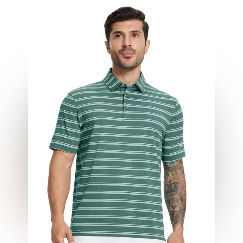 MICHEL ROUEN Polo Dark Green Shirt Dry Fit Moisture Wicking Striped Golf